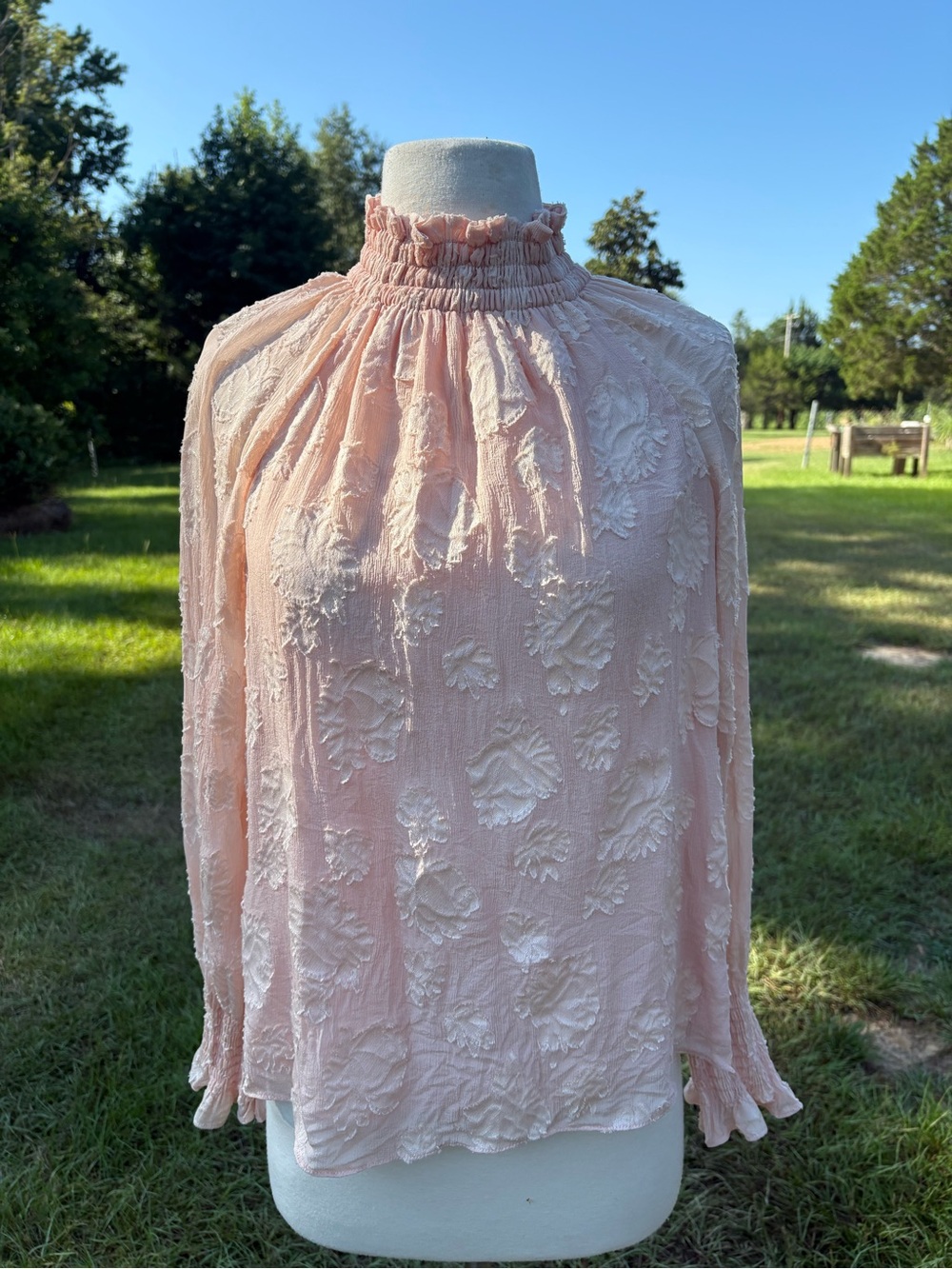 Rebecca Taylor Blush Pink Smocked High-Neck Floral Texture Blouse Size 2